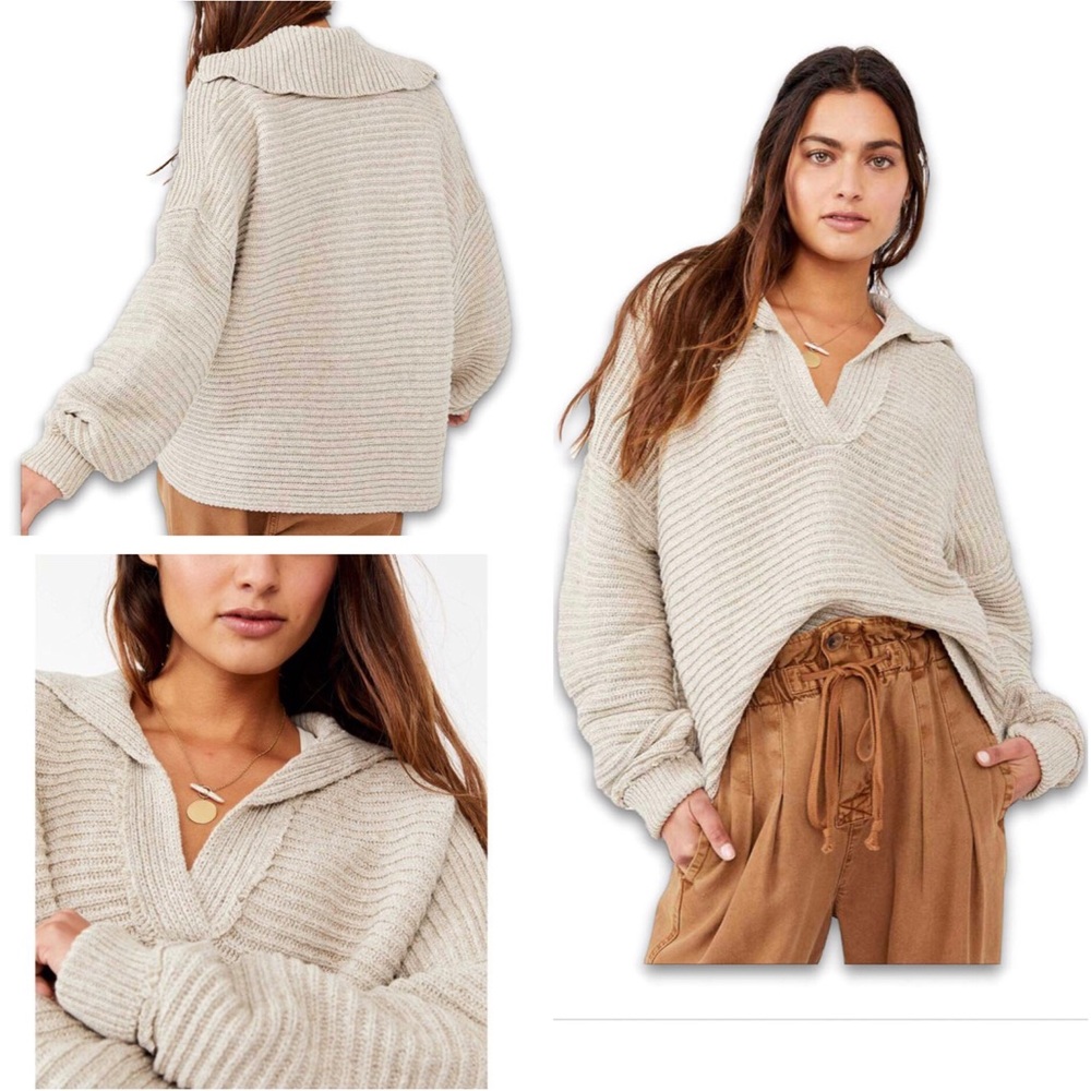 Free People Oversized V-Neck Ribbed Sweater in Cream